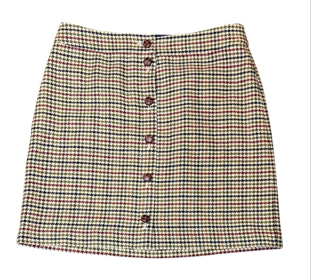 Talbots Wool Blend Houndstooth Mini Skirt 14Petite Brown Cream Preppy Classic